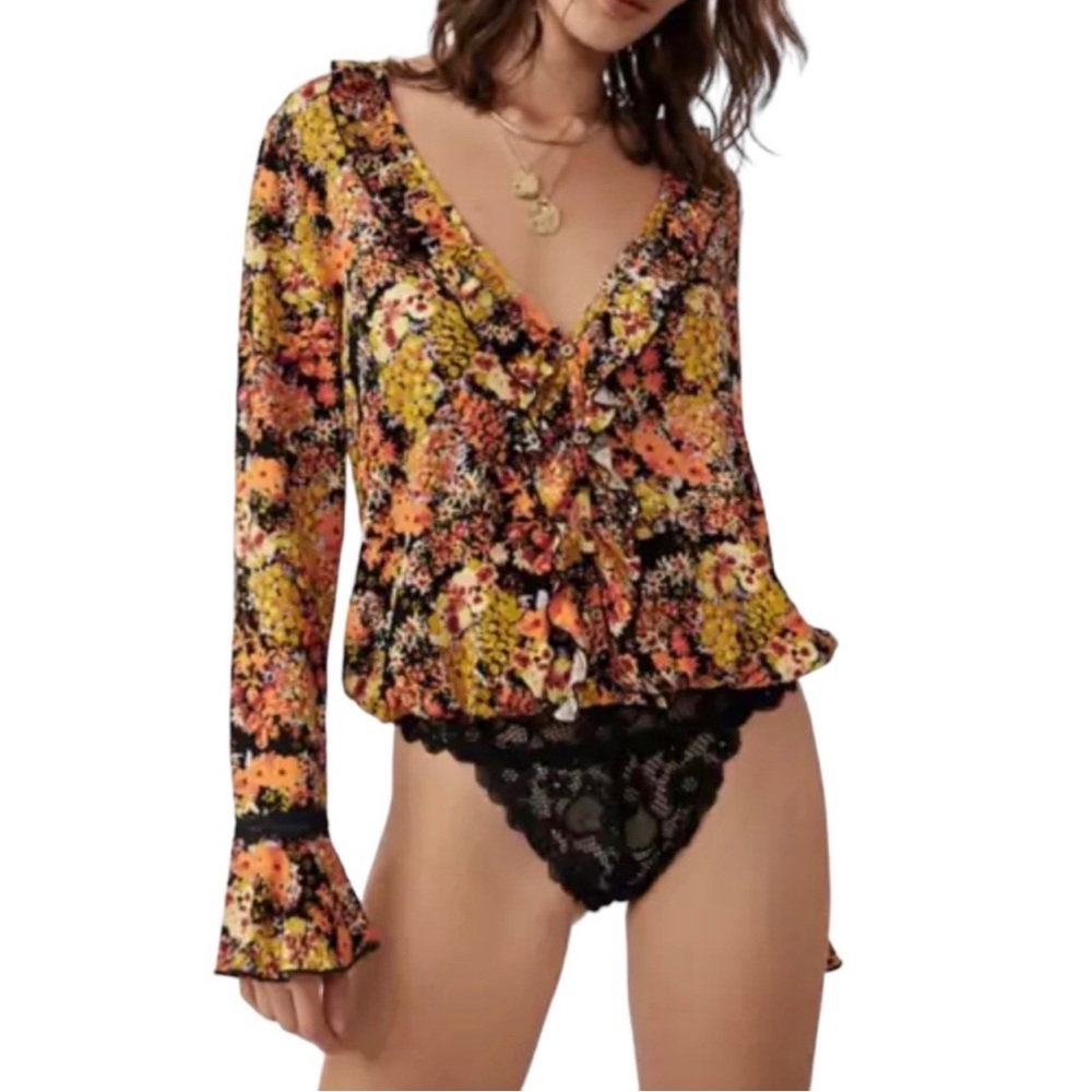 Intimately Free People orange & black long sleeve floral bodysuit w/ black lace